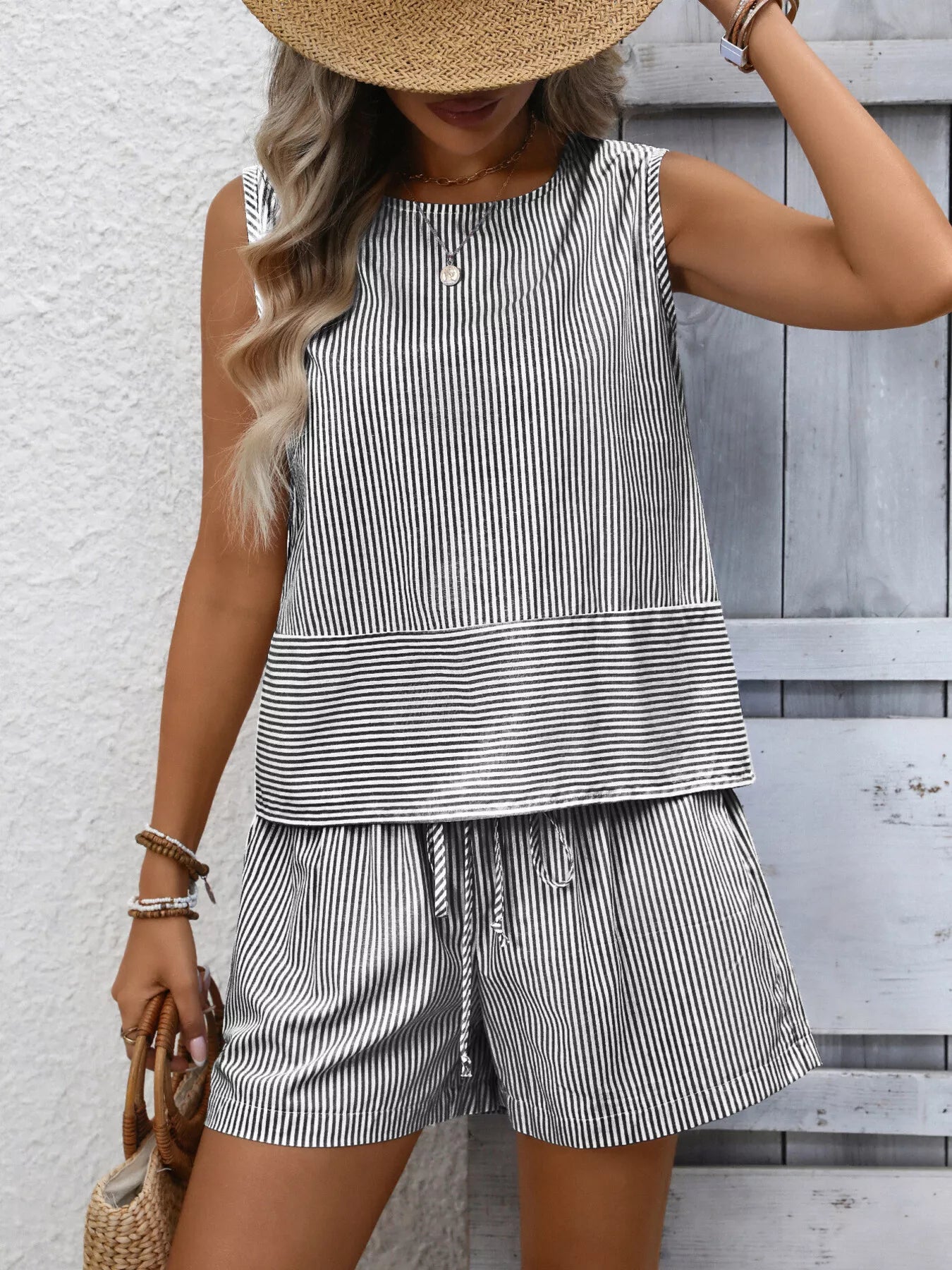 Women's Striped Sleeveless Top and Drawstring Shorts Set - Black Matching Sets