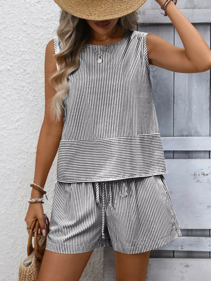 Women's Striped Sleeveless Top and Drawstring Shorts Set - Black Matching Sets