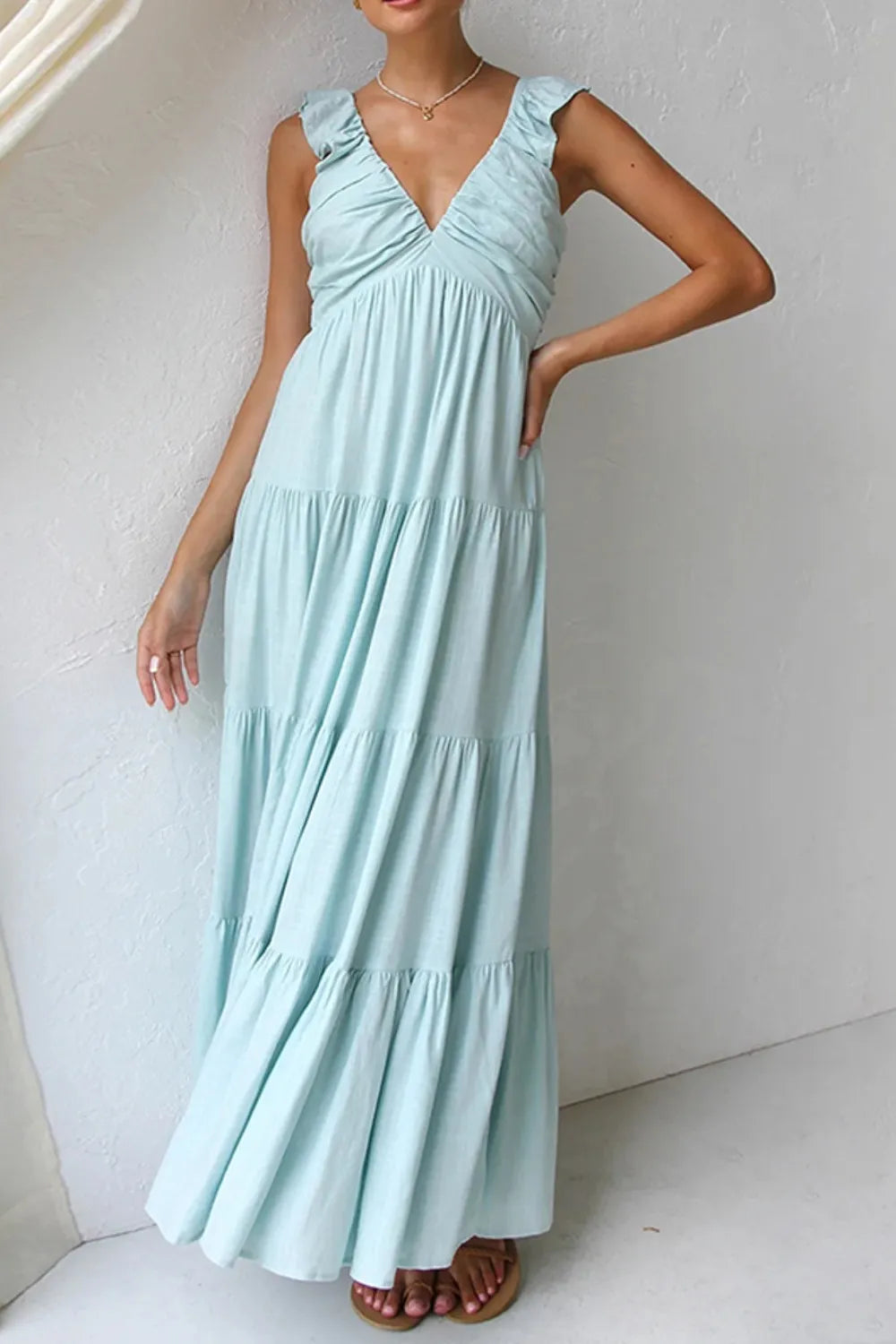 Women's Ruffled V-Neck Tiered Maxi Dress - Maxi Dresses