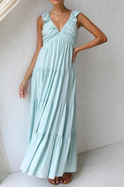 Women's Ruffled V-Neck Tiered Maxi Dress - Maxi Dresses