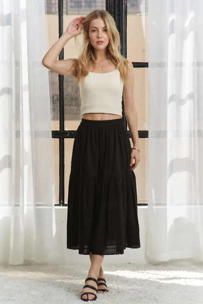 Elastic Waistband Tiered Midi Skirt – outfit idea for women | Ro + Ivy