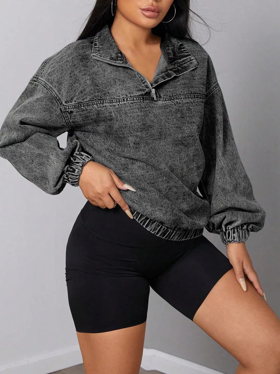 Women's Elastic Hem Quarter Zip Denim Top - Denim Jackets