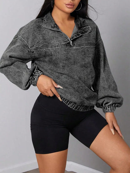 Women's Elastic Hem Quarter Zip Denim Top - Denim Jackets