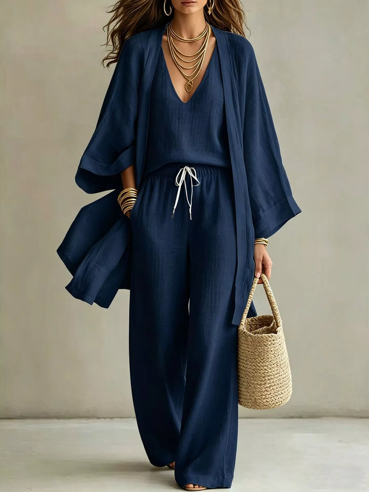 Three-Piece Lounge Set with V-Neck Top, Open Cardigan and Drawstring Pants Navy