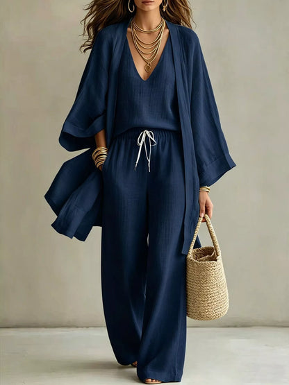 Three-Piece Lounge Set with V-Neck Top, Open Cardigan and Drawstring Pants Navy