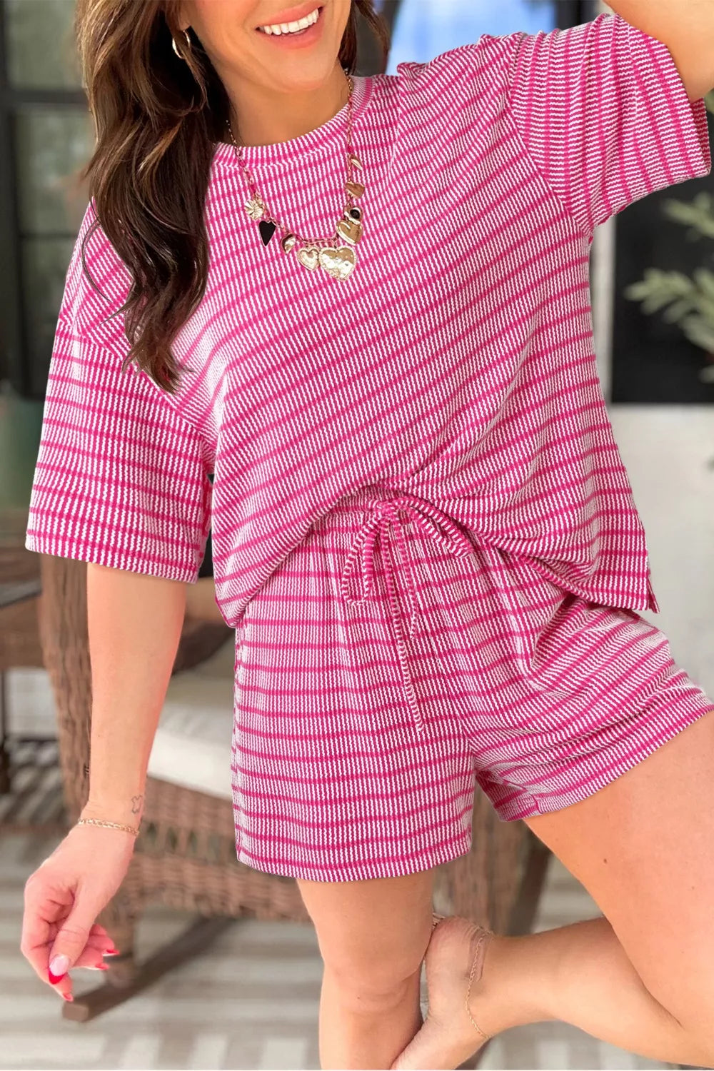 Women's Striped Raised Rib Loose Tee and Drawstring Shorts Set - Fuchsia Pink Matching Sets