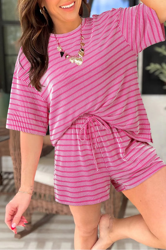 Women's Striped Raised Rib Loose Tee and Drawstring Shorts Set Fuchsia Pink
