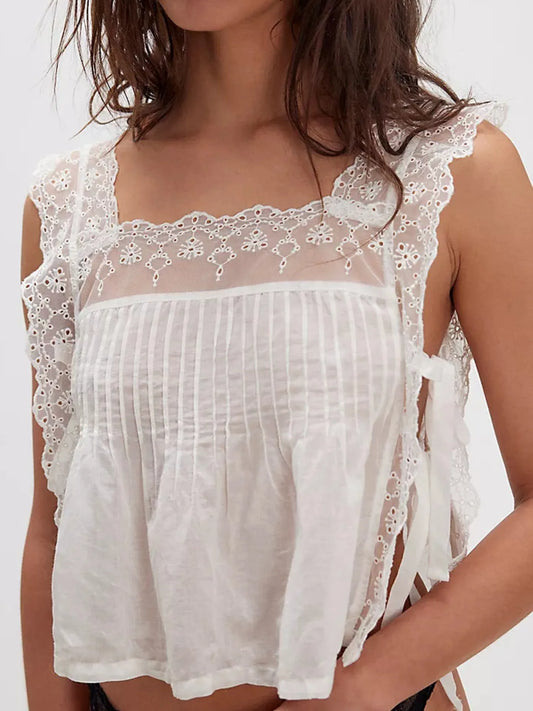 Women's Lace Trim Eyelet Square Neck Top White