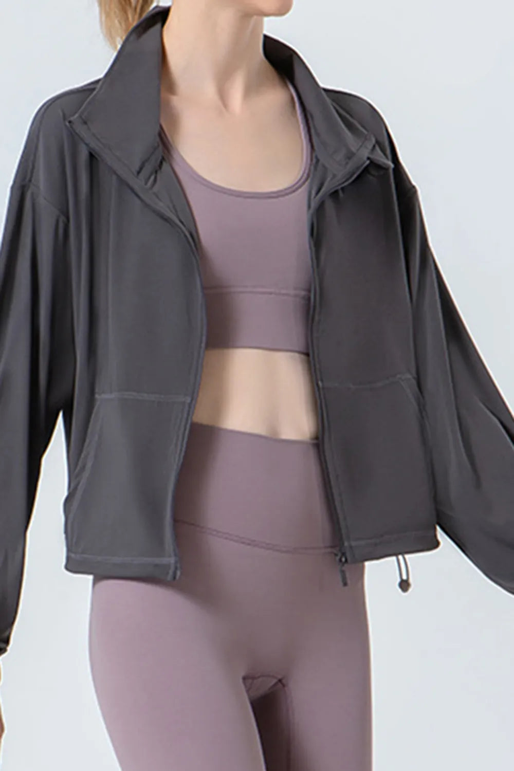 Side Drawstring Zip Up Dropped Shoulder Activewear Jacket Dark Gray