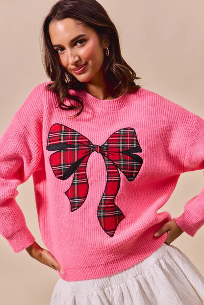 Plaid Bow Christmas Crewneck Holiday Sweater | Trendy Sweaters Outfit Idea for Women by Ro + Ivy | Elevated Basics, Modern Comfort & Style