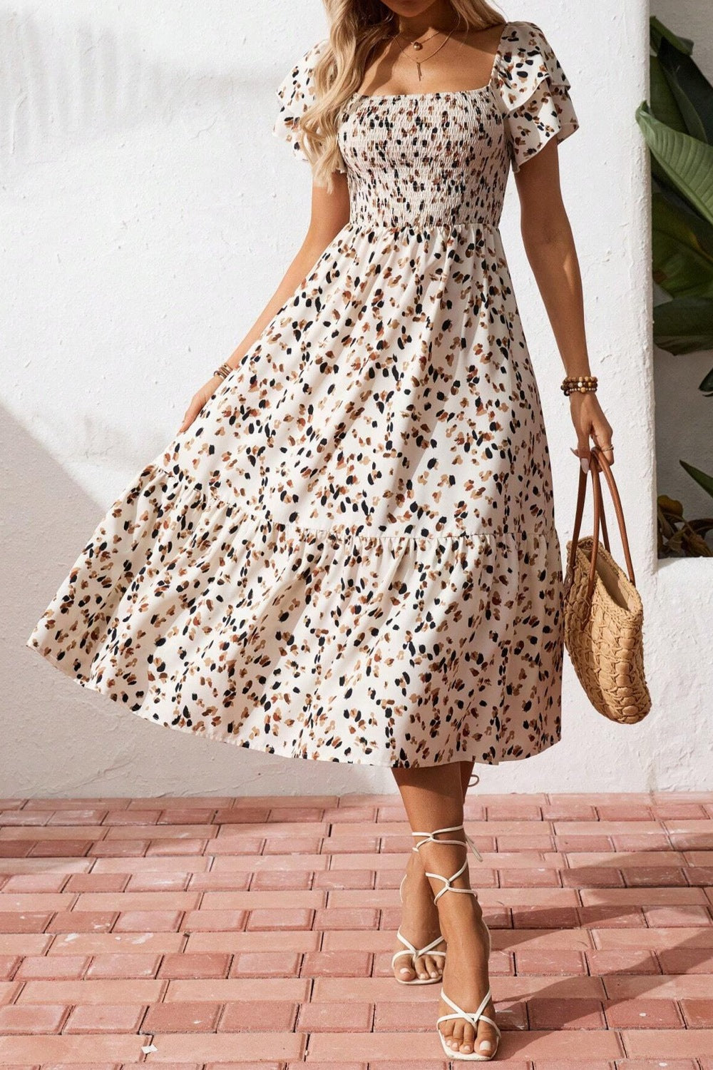 Square Neck Ruched Tiered Sleeve Midi Dress - Midi Dresses