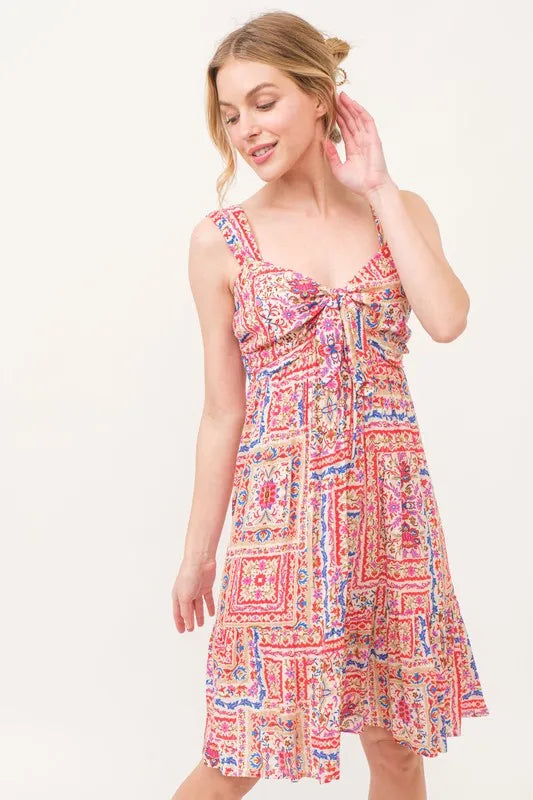 Tied Front Smocked Back Tiered Boho Mini Dress – Red Multi outfit idea for women | Ro + Ivy