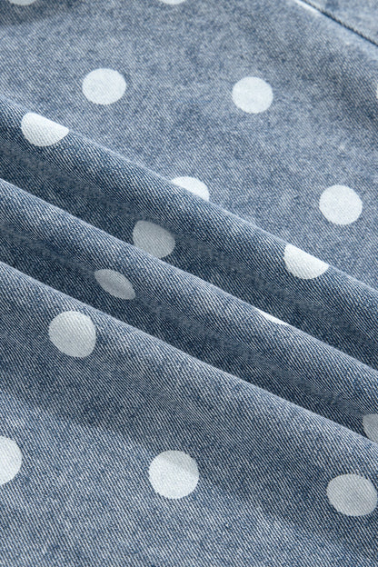 Polka Dot Denim Tie V-Neck Pleated Relaxed Romper — Playful Charming Everyday Style - Bottoms/Jumpsuits & Rompers