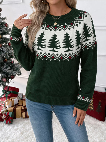 Christmas Tree Pattern Round Neck Stretch Knit Sweater