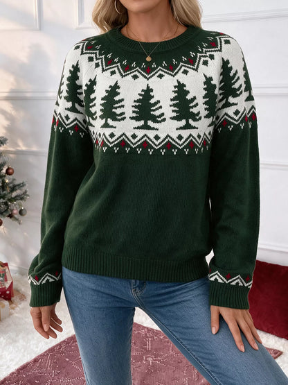 Christmas Tree Pattern Round Neck Stretch Knit Sweater