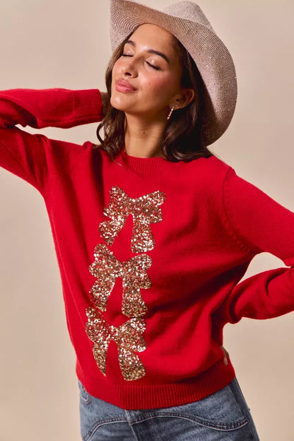 Red Sequined Bow Christmas Sweater | Trendy Sweaters Outfit Idea for Women by Ro + Ivy | Elevated Basics, Modern Comfort & Style