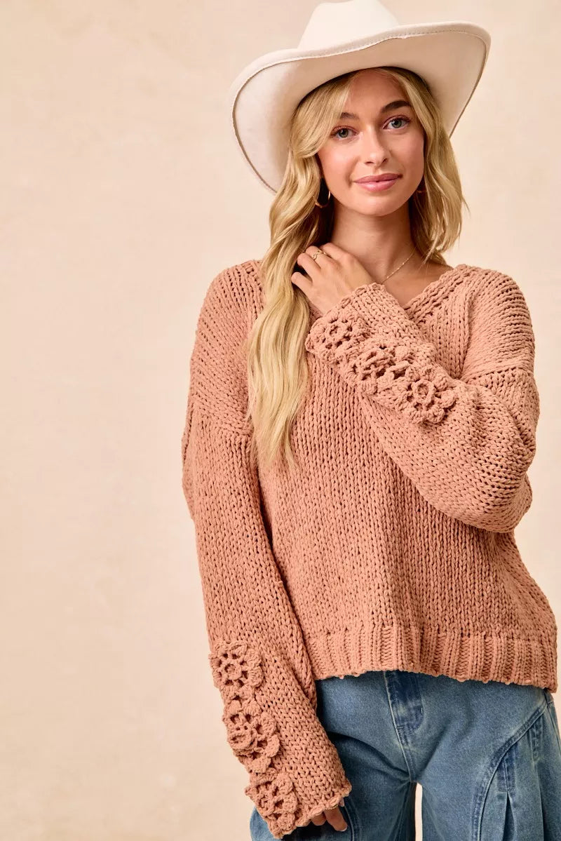 Knit V Neck Sweater with Flower Detailed Sleeves | Trendy Sweaters Outfit Idea for Women by Ro + Ivy | Elevated Basics, Modern Comfort & Style