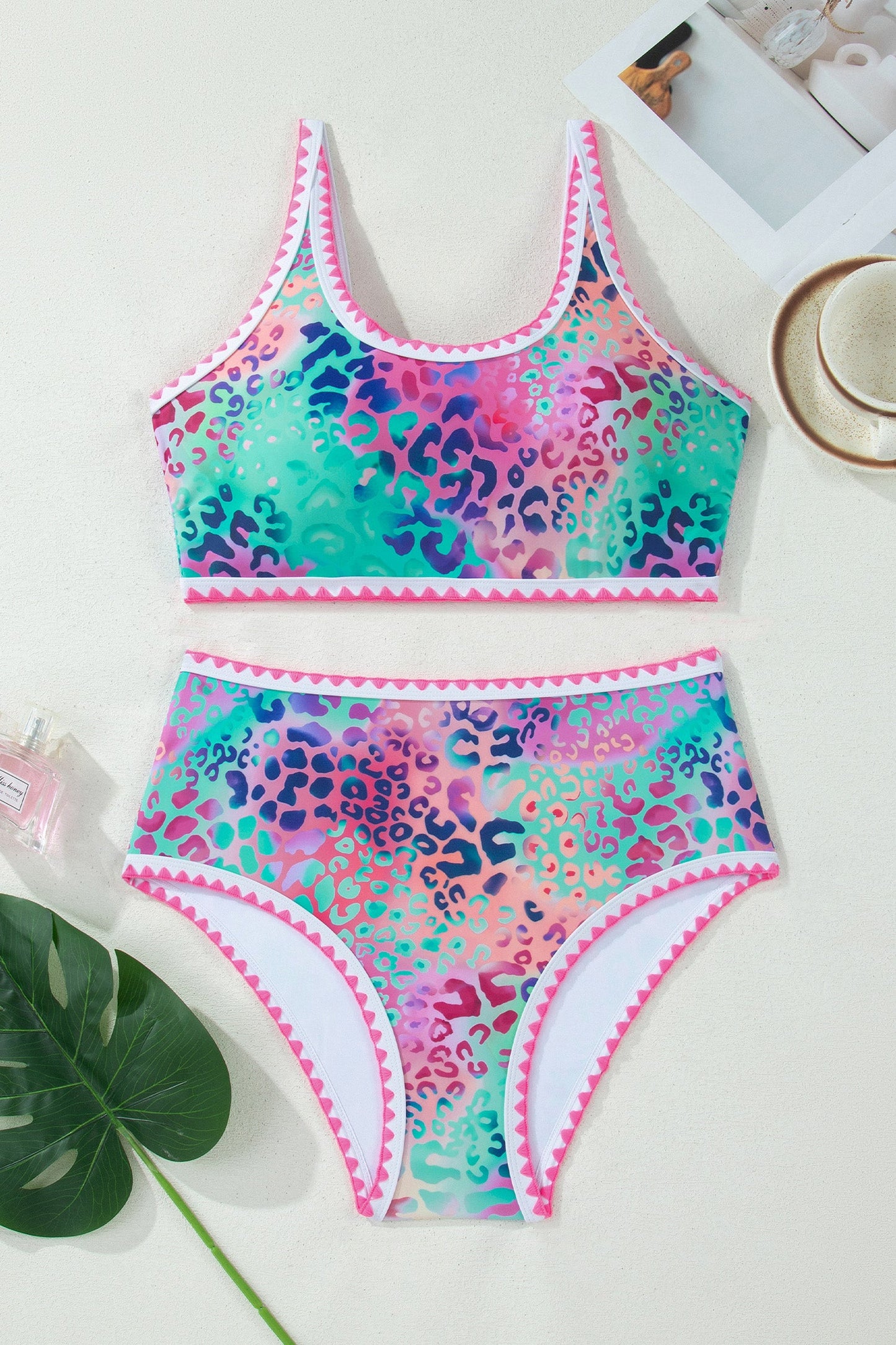 Leopard Ricrac Trim Square Neck High-Waist Bikini Set — Athletic Sporty Confident Beach Style - Bikinis