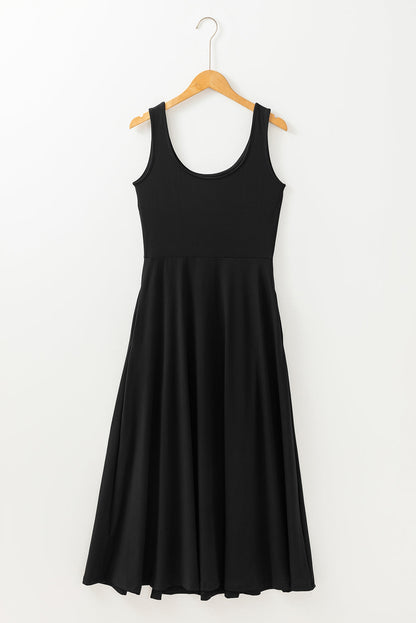 Solid Scoop Neck Sleeveless Flared Side Slit Midi Dress — Versatile Feminine Everyday Style - Dresses/Midi Dresses