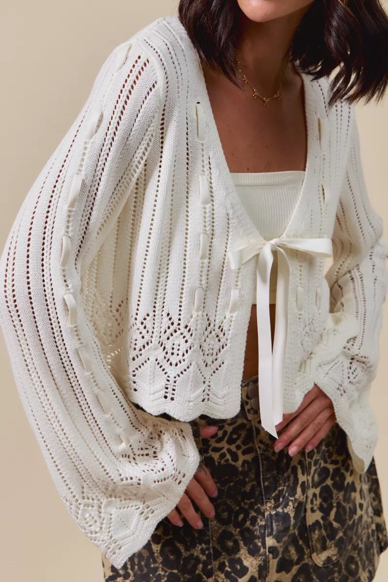 Textured Knit Open Front Ribbon Tie Cardigan — Soft Feminine Relaxed Layering Style - Cardigans