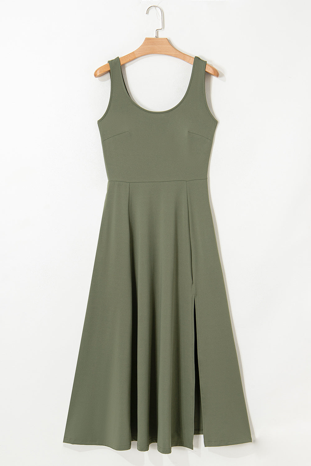 Solid Scoop Neck Sleeveless Flared Side Slit Midi Dress — Versatile Feminine Everyday Style - Dresses/Midi Dresses