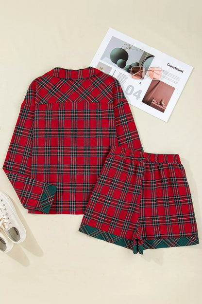 Plaid Christmas Pajama Set with Button-Front Shirt, Pockets and Drawstring Shorts
