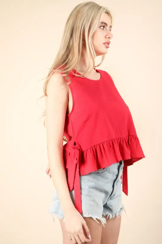 Cotton Side Tie Detail Ruffled Sleeveless Top - Tops