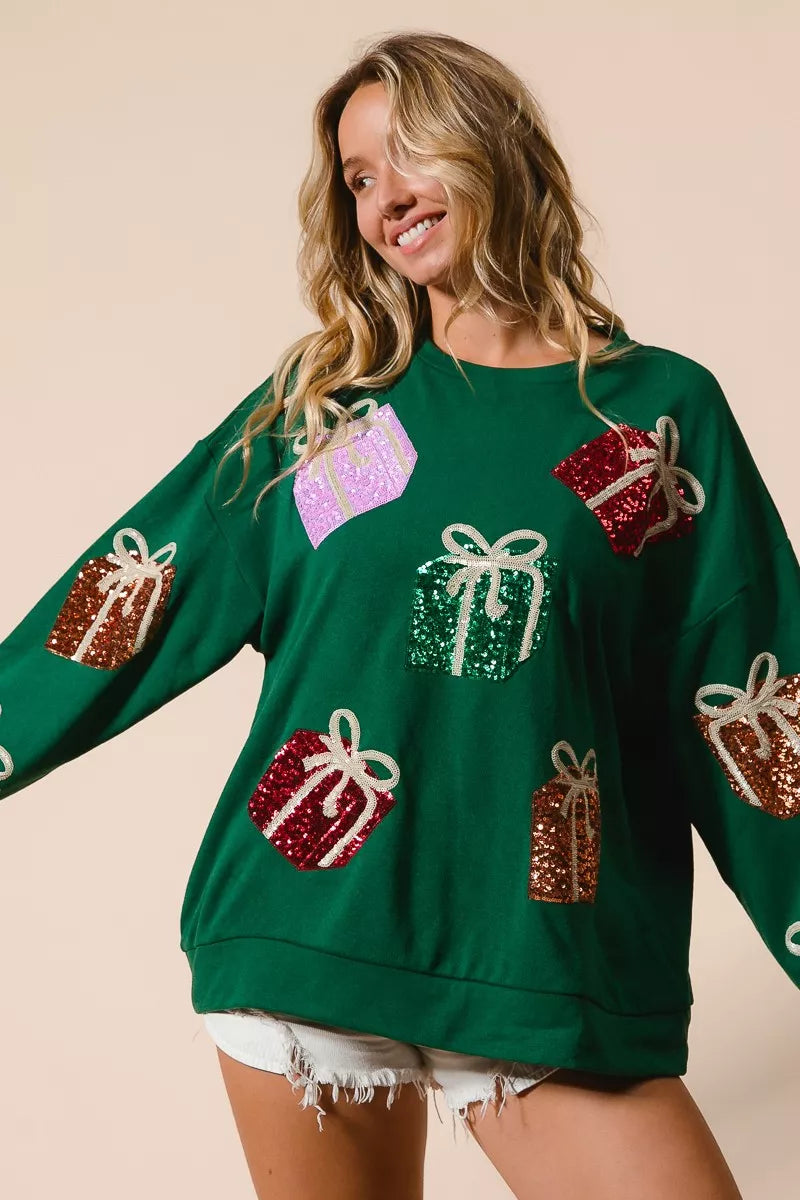 Sequins Gift Box Christmas Crewneck Sweater | Trendy Sweaters Outfit Idea for Women by Ro + Ivy | Elevated Basics, Modern Comfort & Style