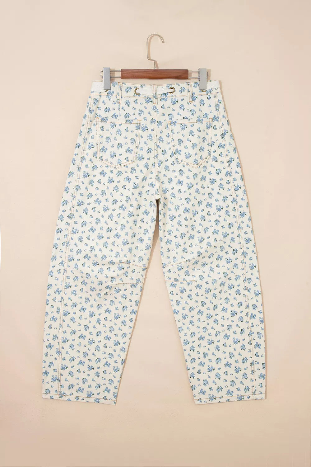 Women's Grommet Knot Waist Floral Barrel Leg Jeans - Jeans