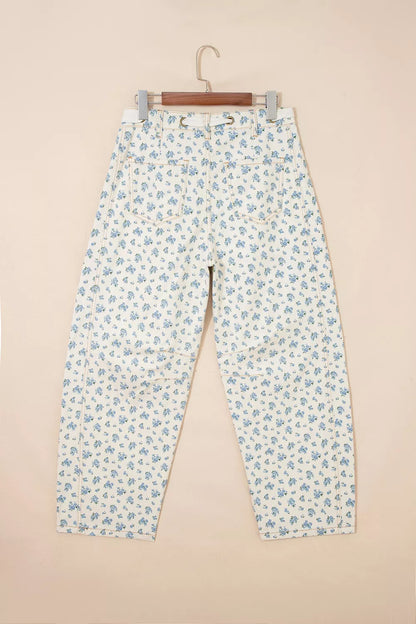 Women's Grommet Knot Waist Floral Barrel Leg Jeans - Jeans