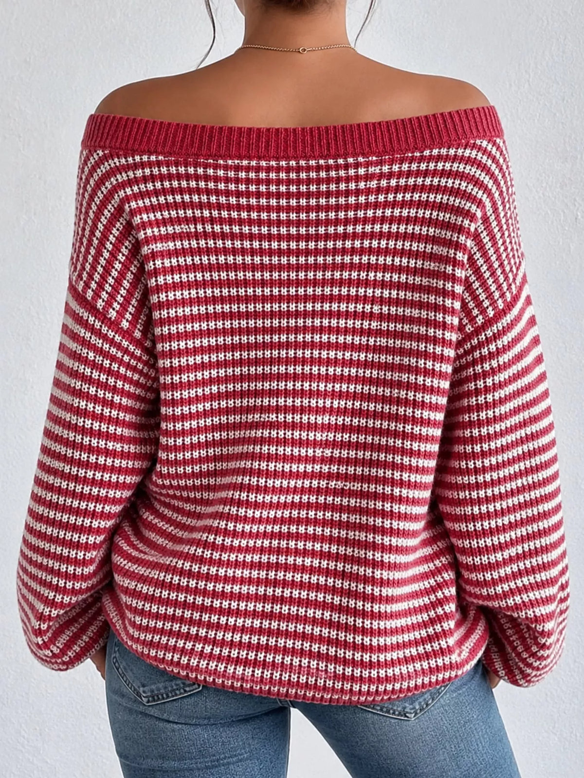 Oversized Striped Ribbed Knit Sweater with Boat Neck