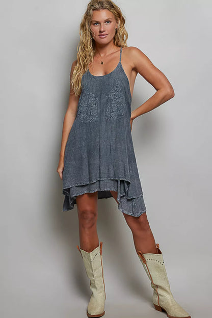 Women's Embroidered Adjustable Strap Mini Dress - Mini Dresses