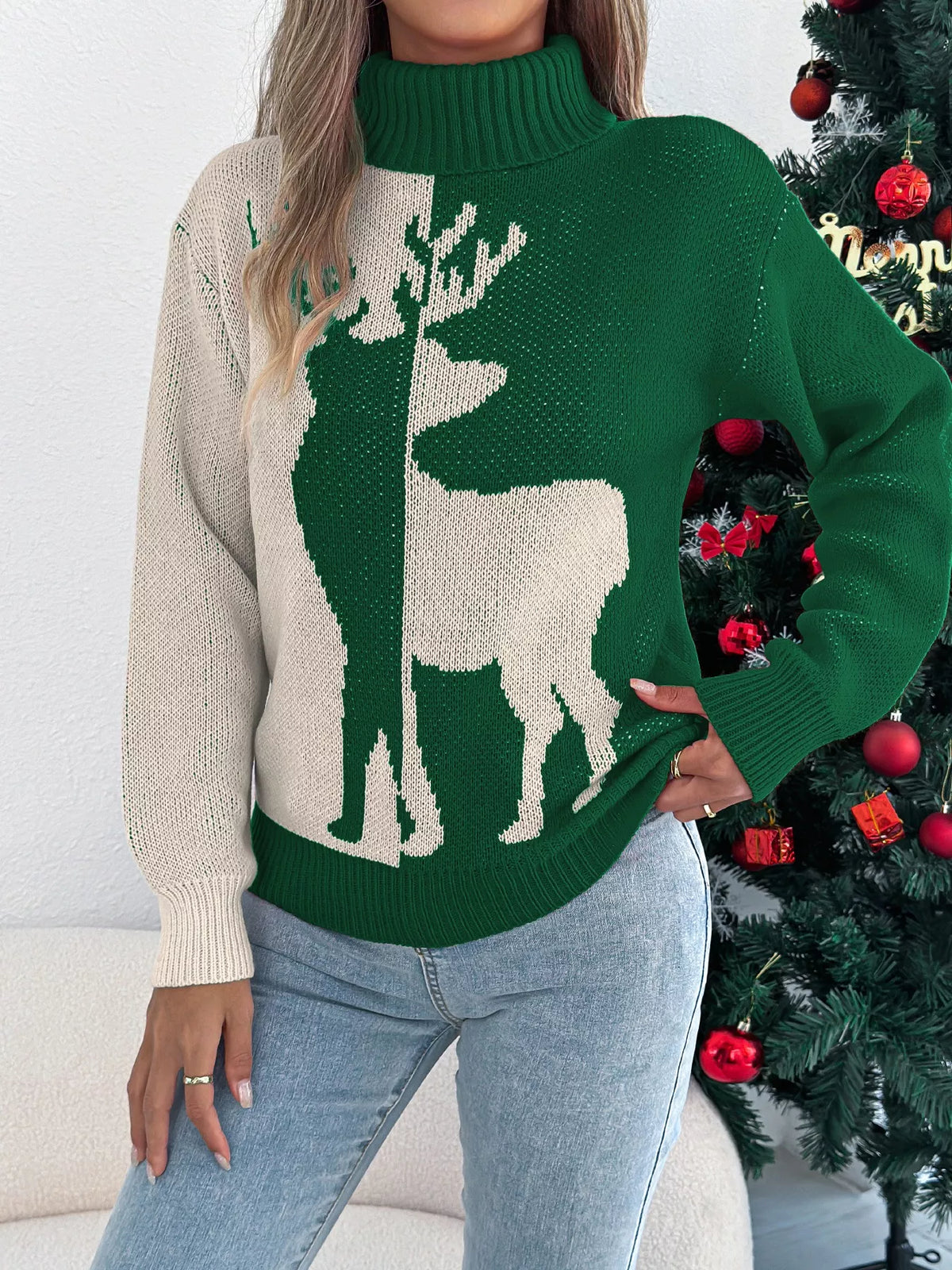Christmas Reindeer Ribbed Turtleneck Knit Sweater