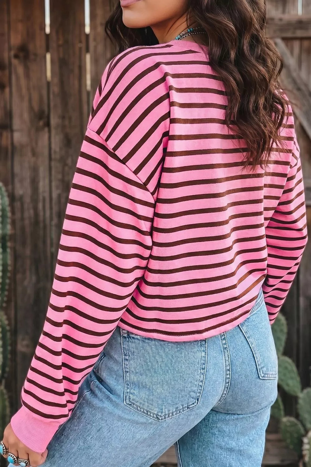 Women's Striped V-Neck Drop Shoulder Long Sleeve Top - Tops