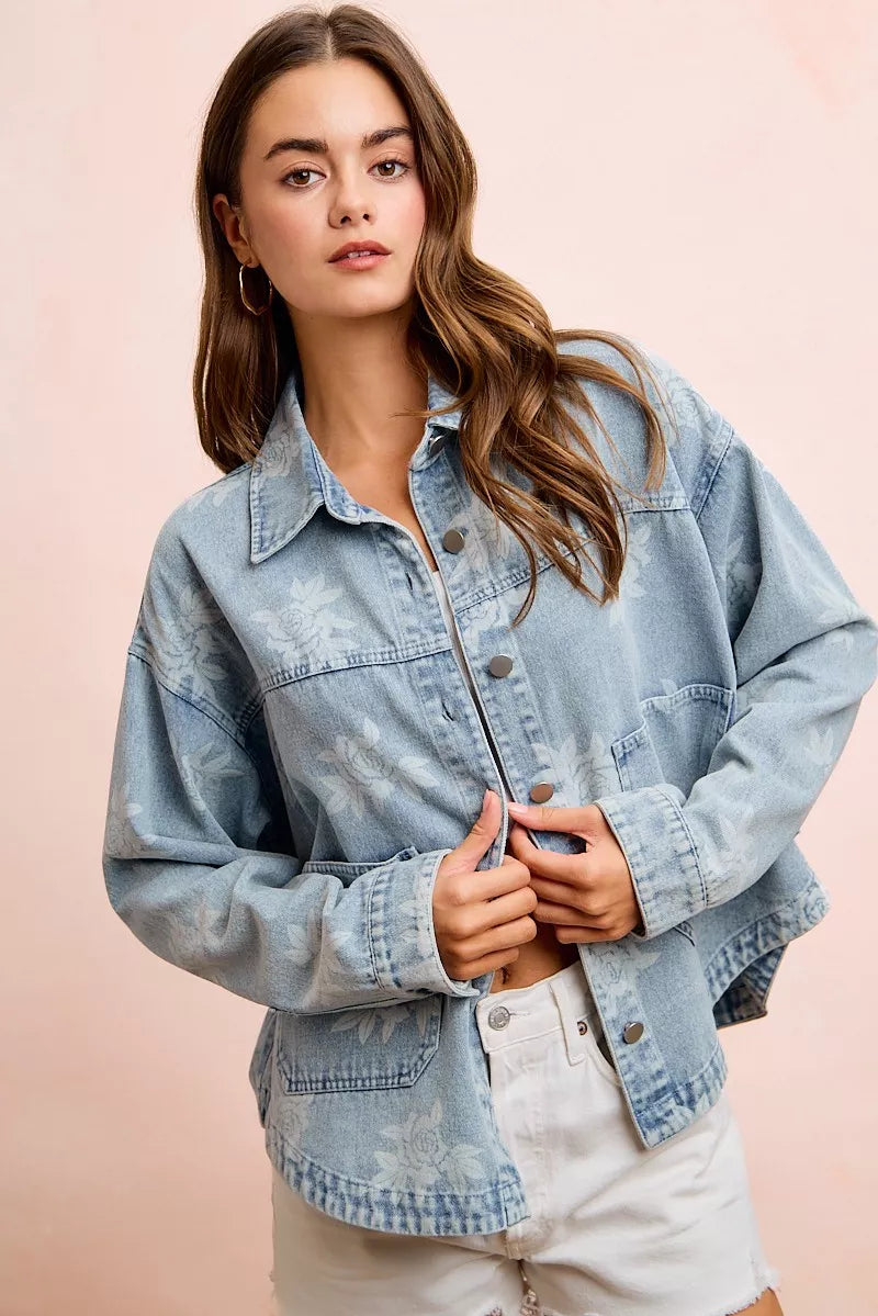 Women's Printed Washed Denim Jacket with Pocket - Jackets