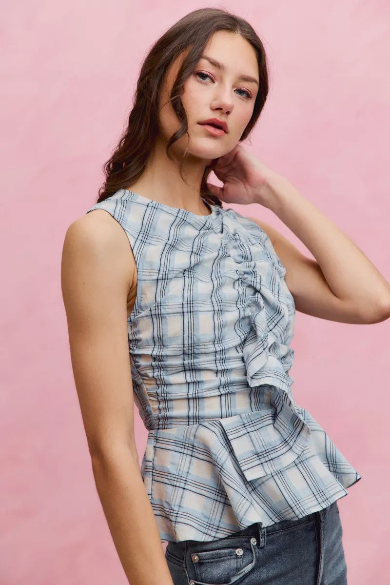 Women's Plaid Sleeveless Ruffle Peplum Top - Tops