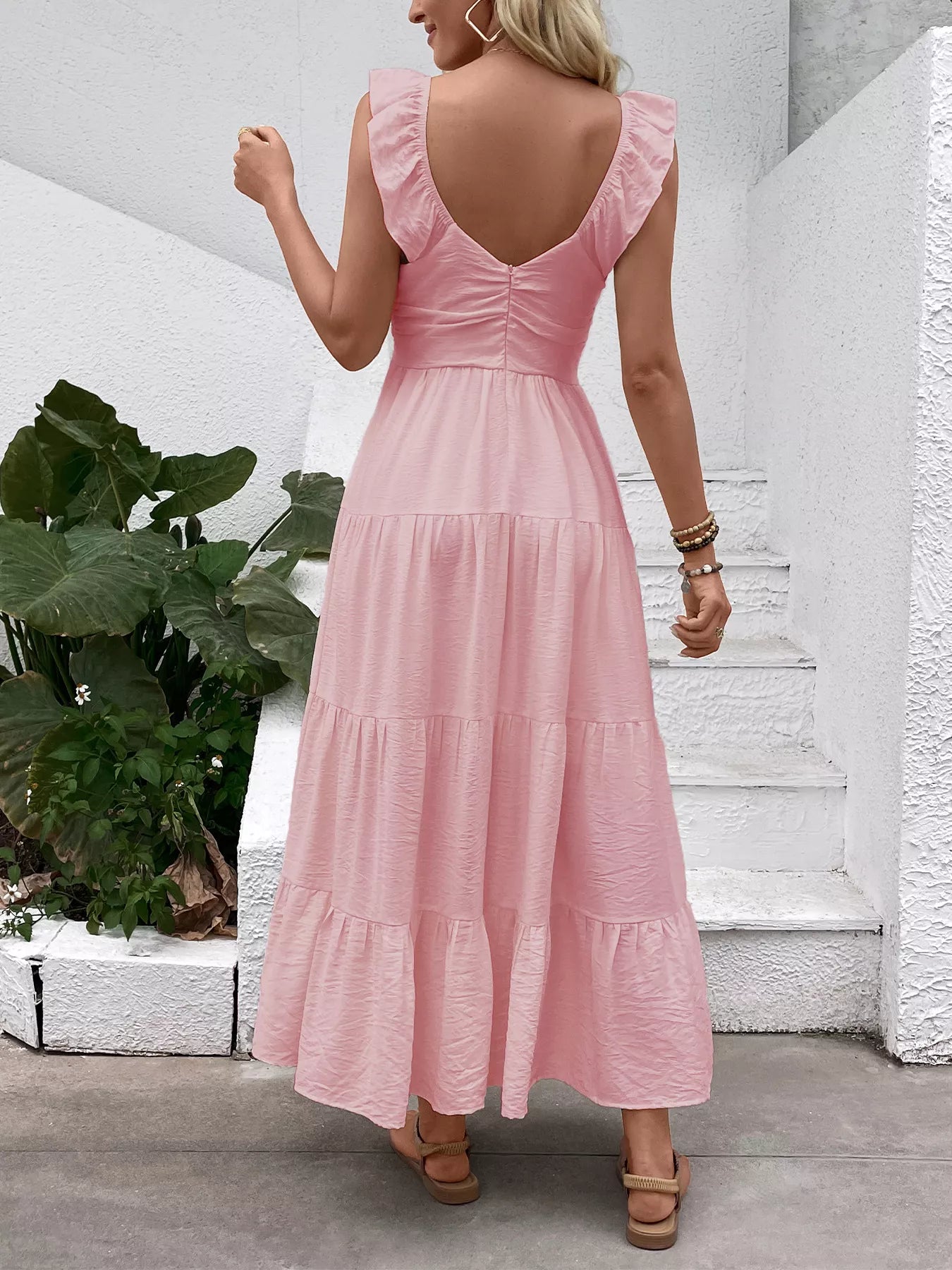 Women's Flowy V-Neck Tiered Maxi Dress with Flutter Sleeves - Maxi Dresses