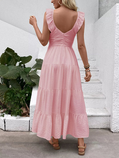 Women's Flowy V-Neck Tiered Maxi Dress with Flutter Sleeves - Maxi Dresses
