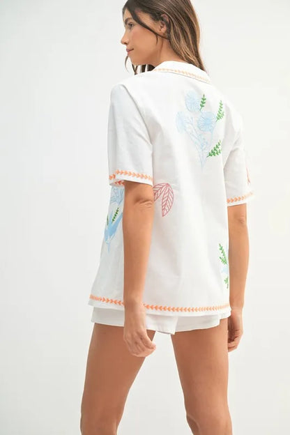 Embroidered Button Down Shirt And Shorts Set – outfit idea for women | Ro + Ivy