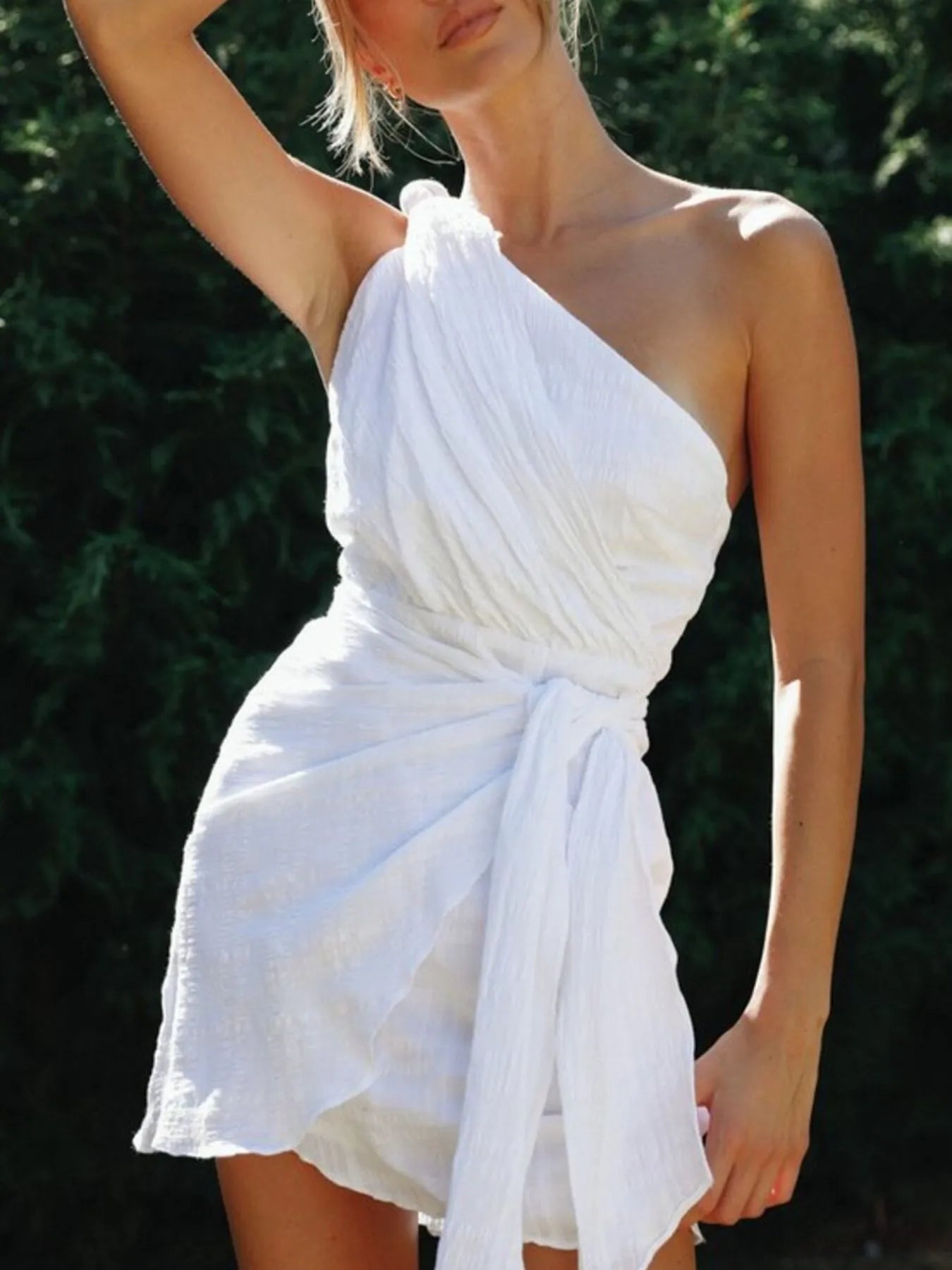 Ruched One-Shoulder Waist Tie Mini Dress - Mini Dresses