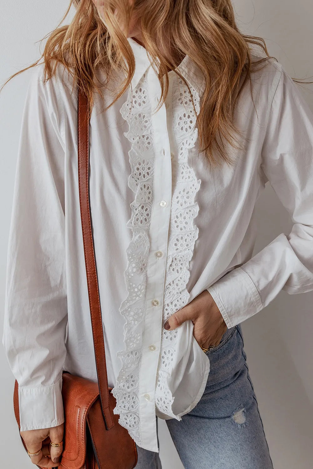 Eyelet Button Down Long Sleeve Shirt - Shirts