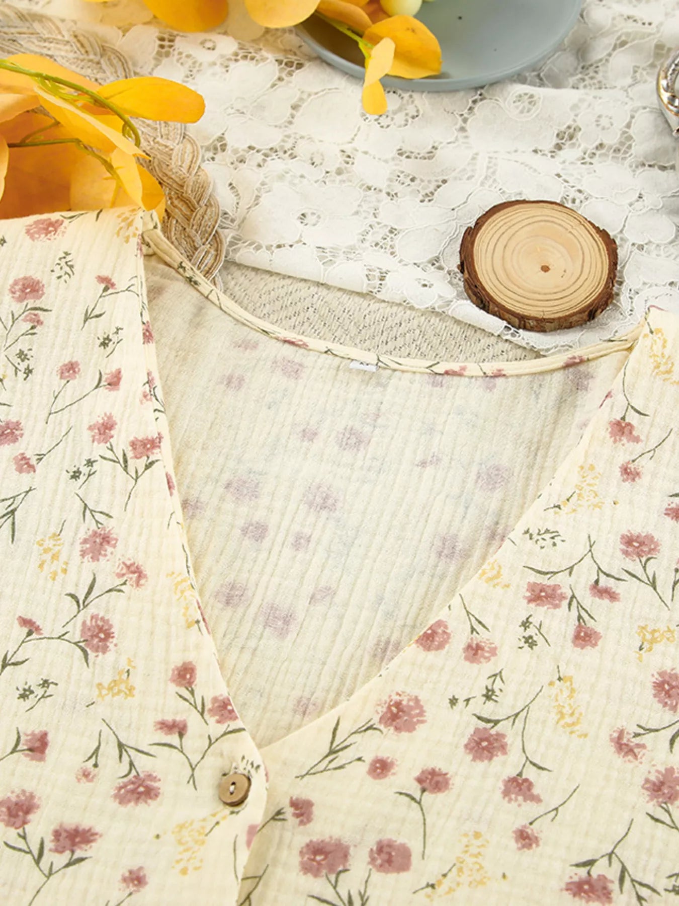 Floral Print Button-Down V Neck Top and Pants Loungewear Set - Loungewear Sets