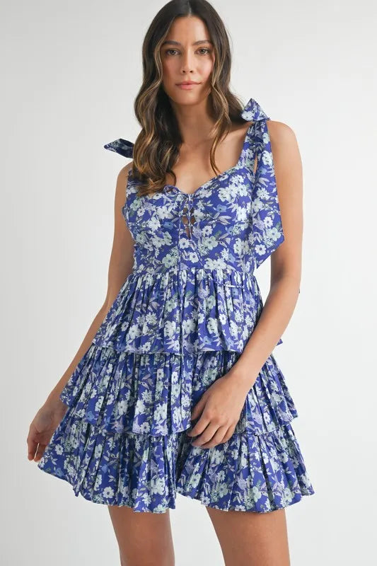 Floral Print Shoulder Tie Layered Mini Dress – Royal Blue outfit idea for women | Ro + Ivy