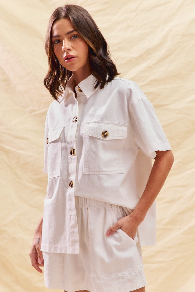 Button-Down Denim Shirt & Matching Shorts Two-Piece Set — Chic Casual Game Day Style - Outfit Sets