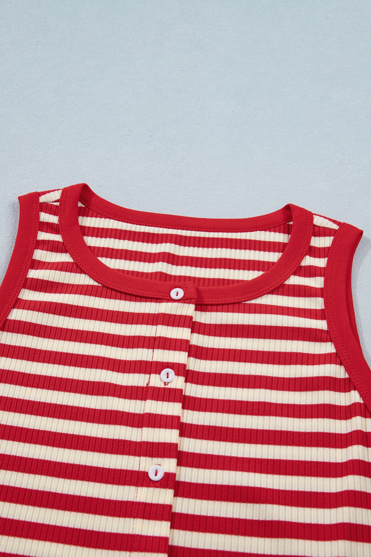 Striped Ribbed Knit Round Neck Buttoned Sleeveless Tank Top — Sophisticated Warm-Weather Style - Tops/Tank Tops
