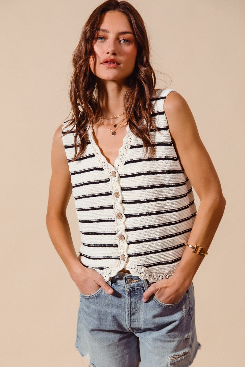 Striped Crochet Trim Button-Down Knit Sweater Vest — Lightweight Versatile Everyday Style - Knit Vests