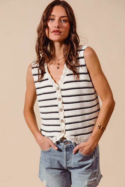 Striped Crochet Trim Button-Down Knit Sweater Vest — Lightweight Versatile Everyday Style - Knit Vests