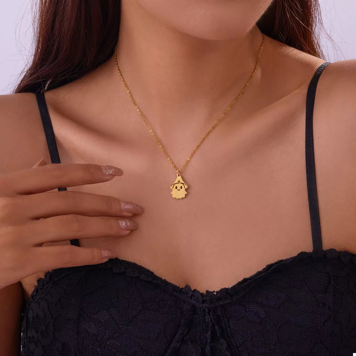 Halloween Ghost Pendant Necklace Gold One Size