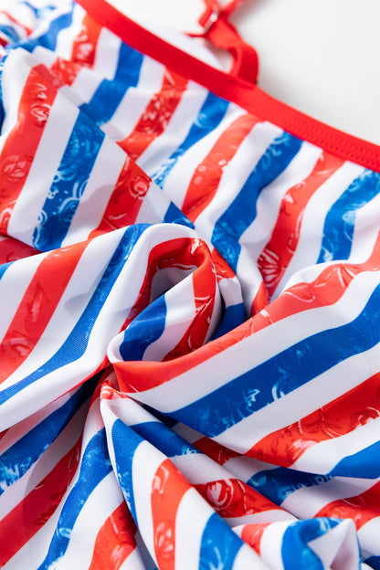 Americana Stars & Stripes Cutout Spaghetti Strap One-Piece Swimsuit — Patriotic Floral Accent Summery Style - One-Piece Swimsuits