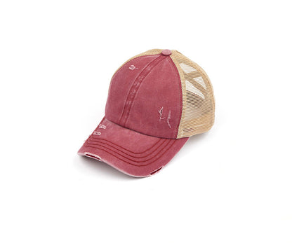 Criss-Cross Ponytail Trucker Hat — Stretch Back Opening Breathable Mesh - Berry Baseball Caps